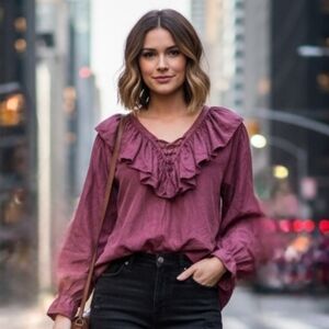 Vtg 90s NY & co dusty rose mauve ruffle collar corset lace up silk blouse L NWOT